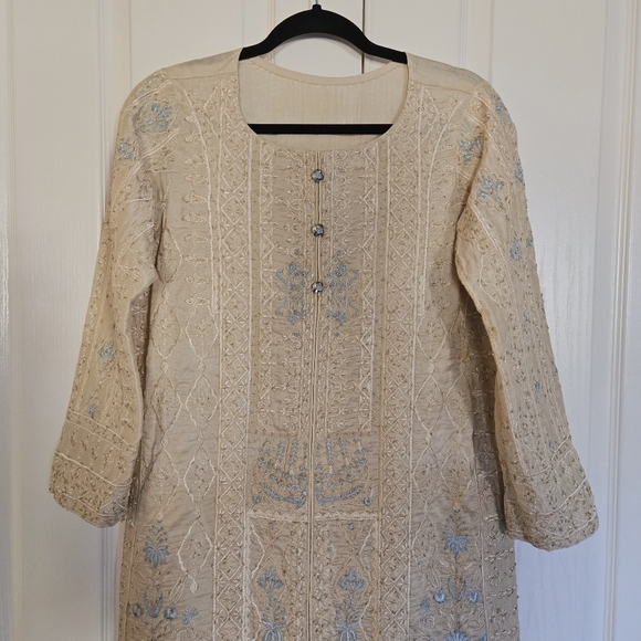 Embroidered Salwar Kameez Dupatta Long Scarf Beige Gold Organza Party Wear Dress - Picture 4 of 14